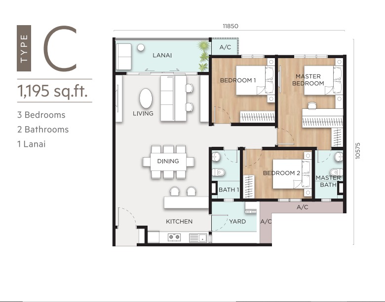 Anya Type C floor plan — 1182 sq ft, 3 bedrooms