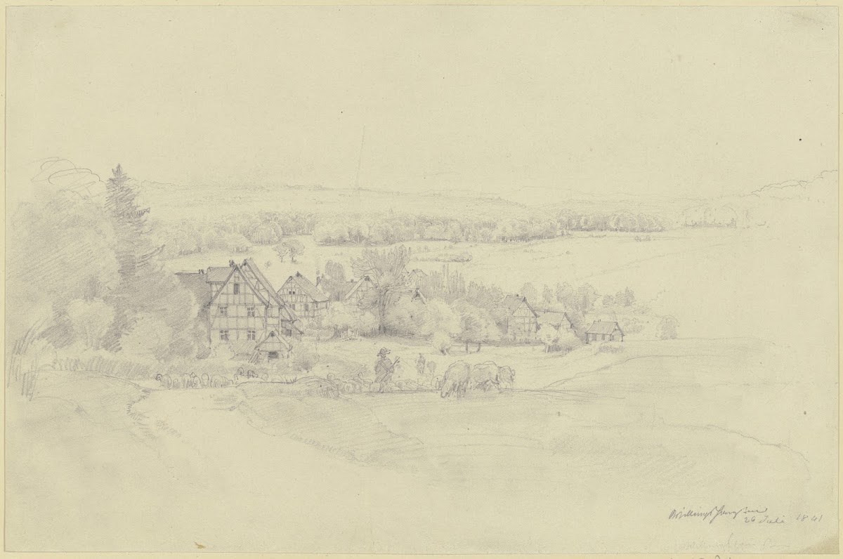Ansicht des Dorfes dabei der Schäfer mit der Herde 1841