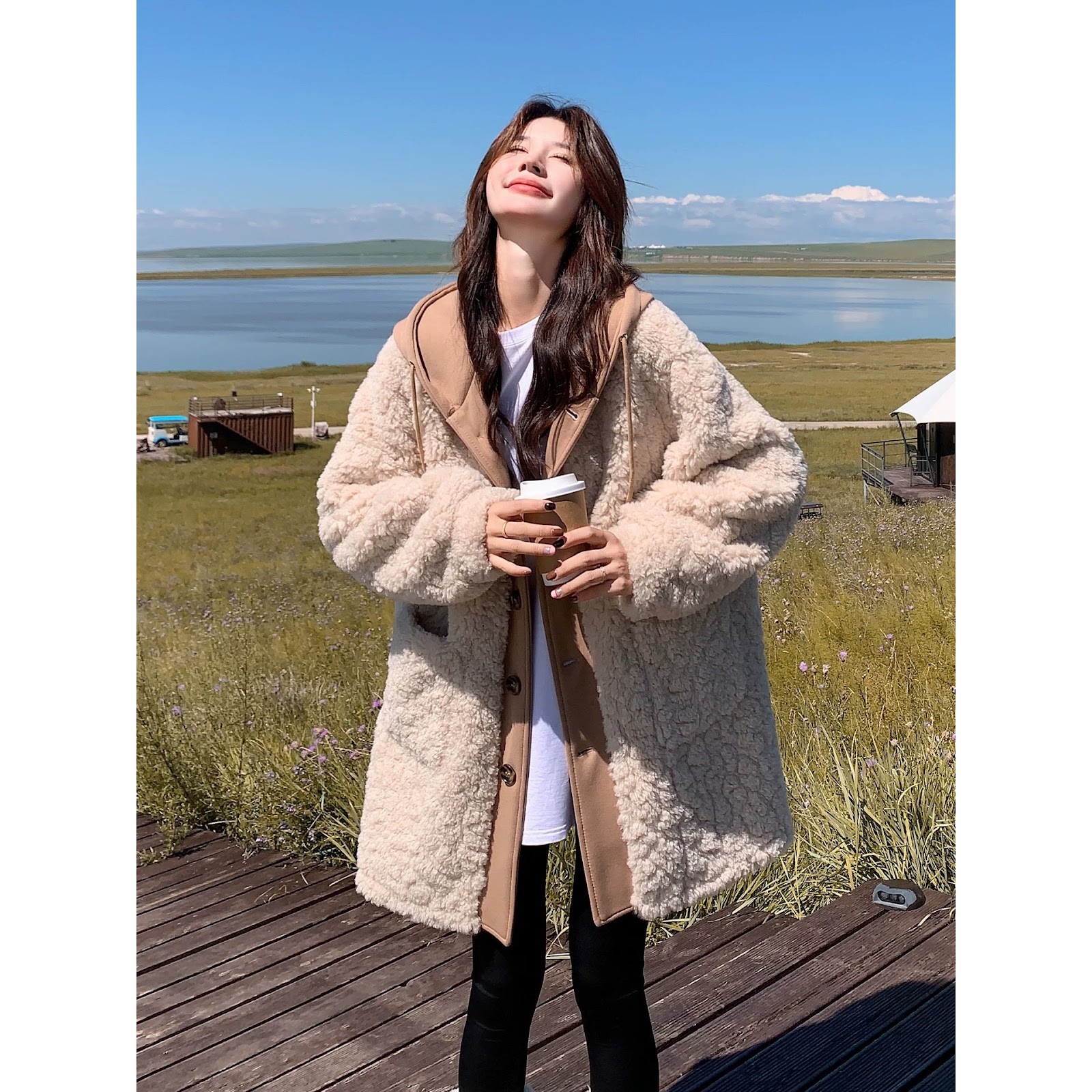 Women's Faux Sheepskin Coat, Mid-Length, Lined