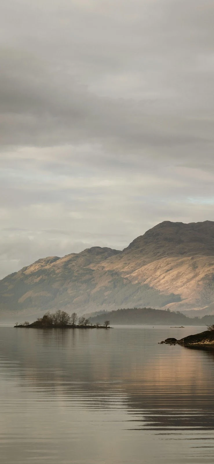 Calm Loch Under Muted Skies - Muted Landscape Photography 4K iPhone Wallpaper (2571x5570)