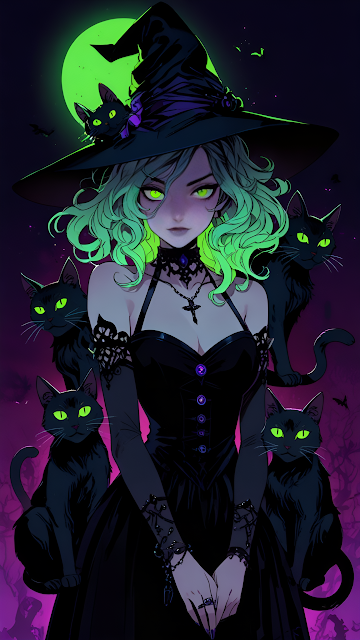 Witch with Green Hair and Black Cats Under Moon - Free mobile Wallpaper
