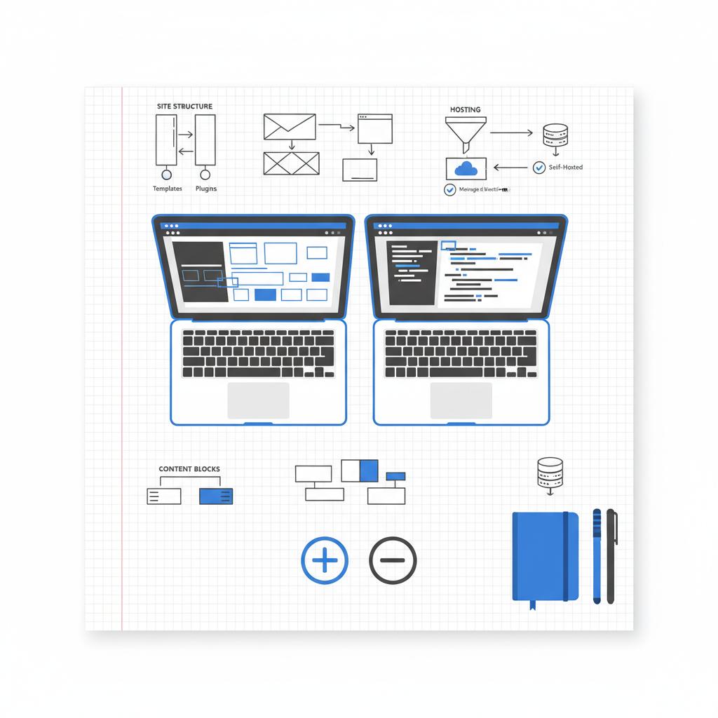 Top-down 2D vector workspace showing two laptops and a sketched notebook comparing Wix vs WordPress with abstract editor blocks and minimalist diagrams in Agency Visible colors