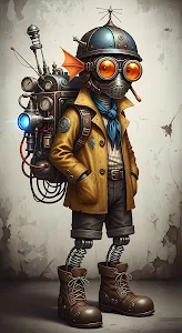 Whimsical Steampunk Inventor with Goggles and Spring Legs