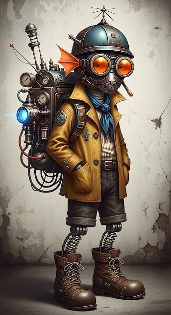 Whimsical Steampunk Inventor with Goggles and Spring Legs - Free mobile Wallpaper