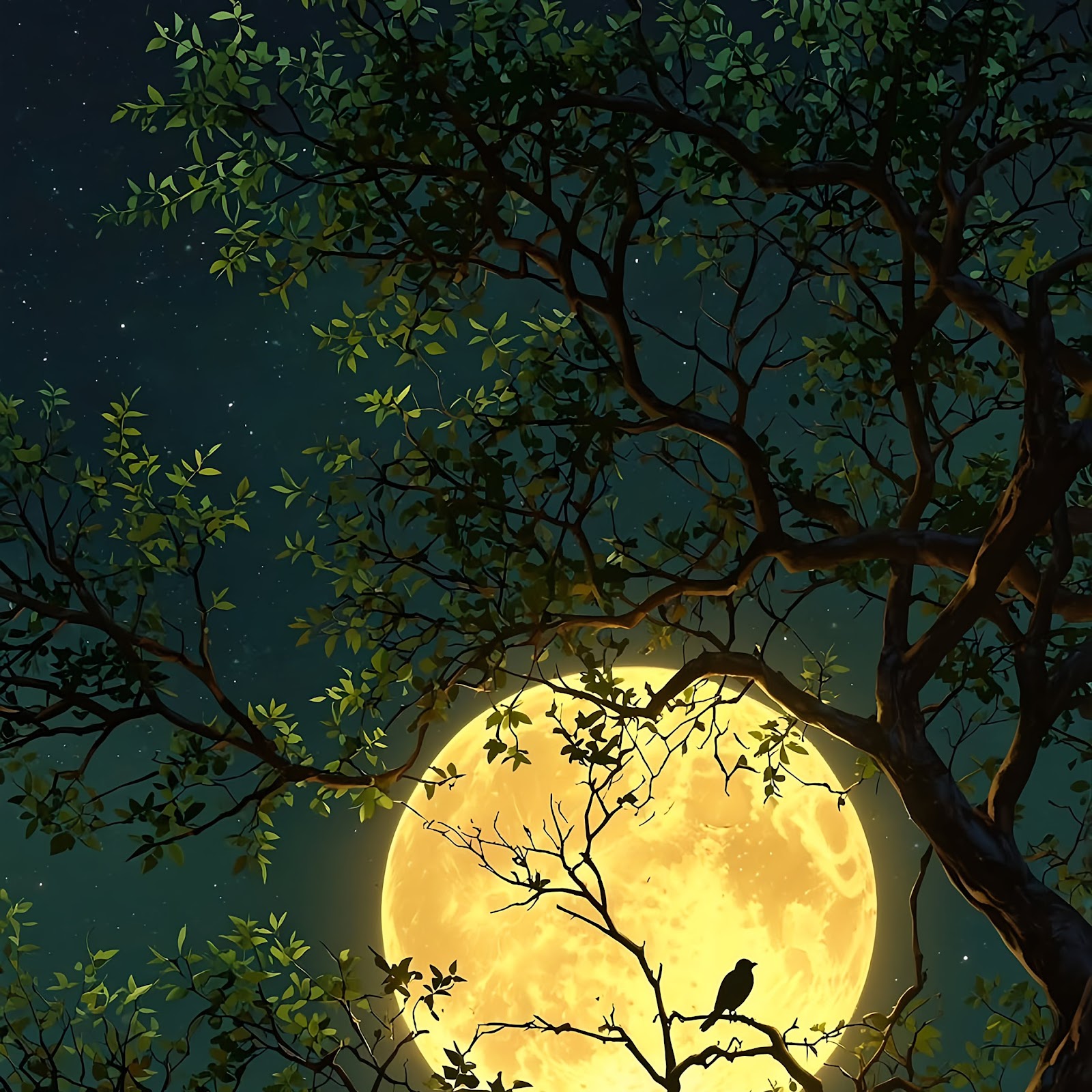 Download Full Moon, Night, Tree, Bird 4K iPhone