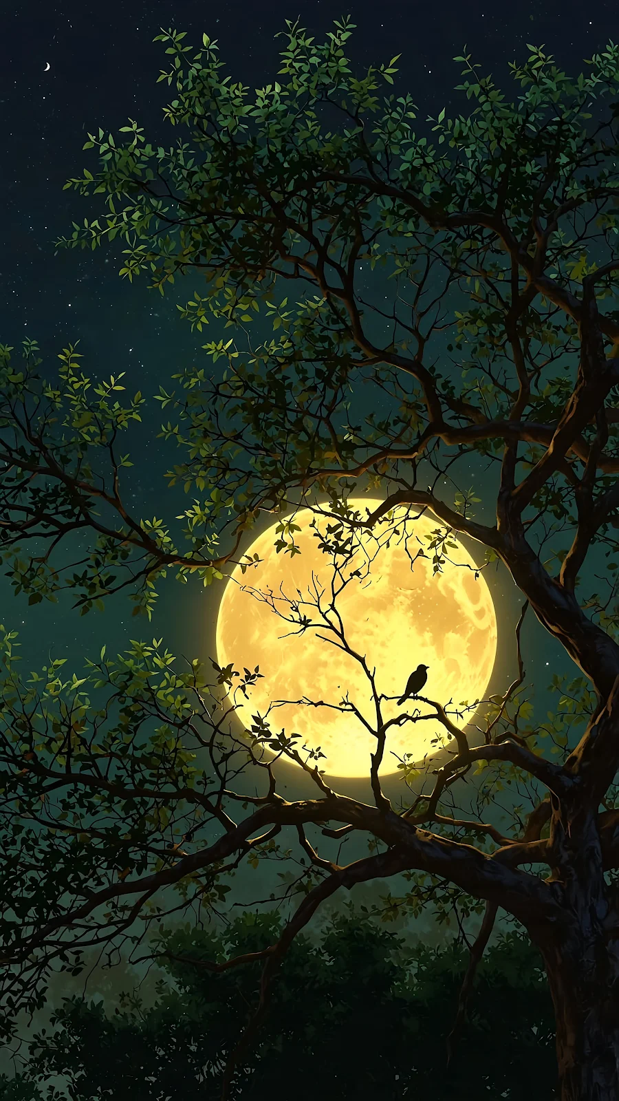 Full Moon, Night, Tree, Bird 4K iPhone Wallpaper Background (2304x4096)