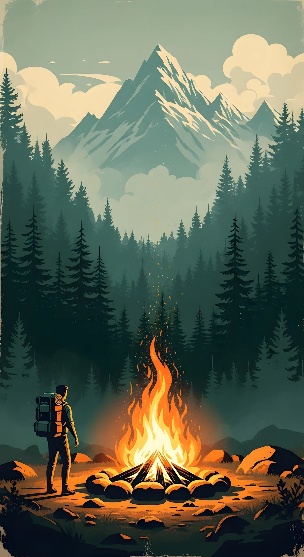 Vintage Poster Style Illustration of Hiker by Campfire with Misty Forest and Mountain - Free 4K mobile Wallpaper