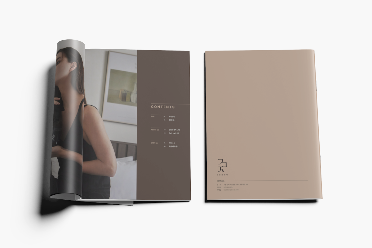게임 전시회 퍼블리셔 미팅용 영문 브로슈어 디자인, 목차(CONTENTS) 펼침면과 로고·연락처가 들어간 뒤표지를 나란히 놓은 하오디자인 제작 사례
