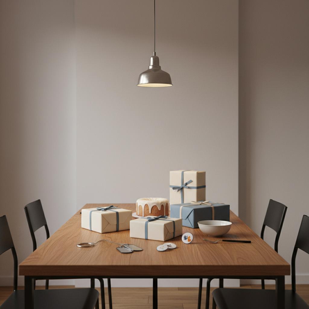 Minimalistischer Esstisch mit Geschenkverpackungen und kleinen Geschenken (Schlüsselanhänger, Dogtags, Pins), warmes Licht, subtile Steelmonks-Farben, gamer geschenkideen