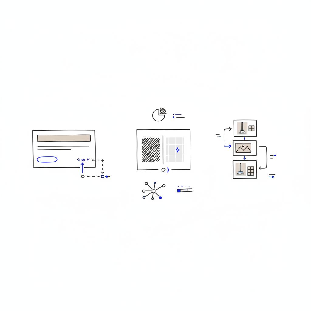 Minimal vector flat-lay of three hand-sketched thumbnails for a cleaning ad: search layout, Facebook before/after feed card, and Instagram Story storyboard on white background