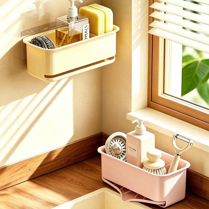 Kitchen storage rack with drip tray, wall-mounted