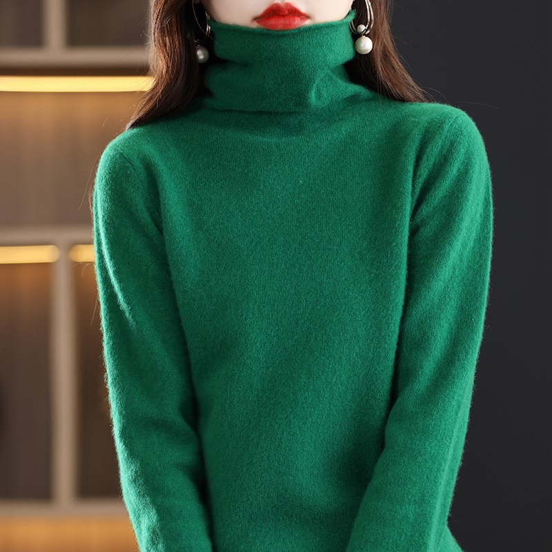 Women's wool sweater with a high collar made from pure wool