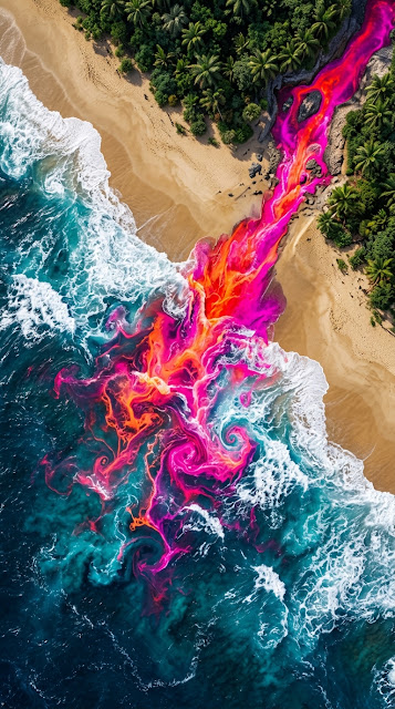 Abstract Aerial Beach with Neon Pink and Orange Fluid - Free mobile Wallpaper