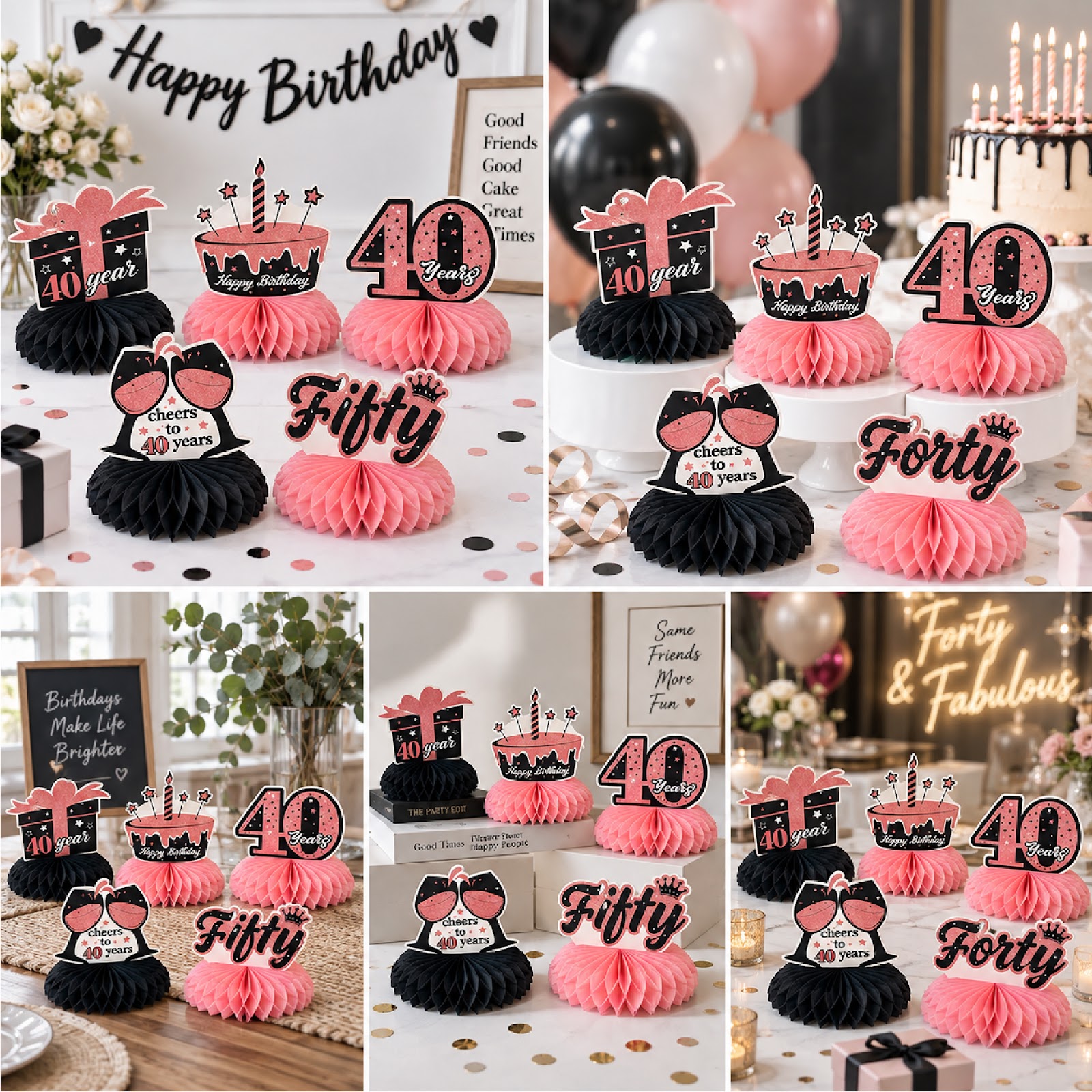 40th Birthday Decorations for Women, Rose Gold and Black Honeycomb Centerpieces for Tables, Cheers to 40 Years Birthday Party Decorations, Birthday Complete Decorations Kit for Her, 6 Packs view 4