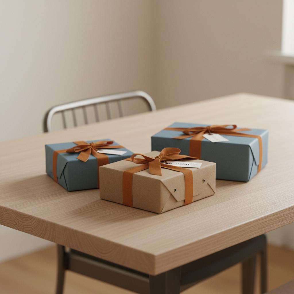 Intime Nahaufnahme von Geschenkpaketen auf einem Holz-Esstisch mit Steelmonks-Farben und Akzenten, ideal für geschenkkorb ideen männer.