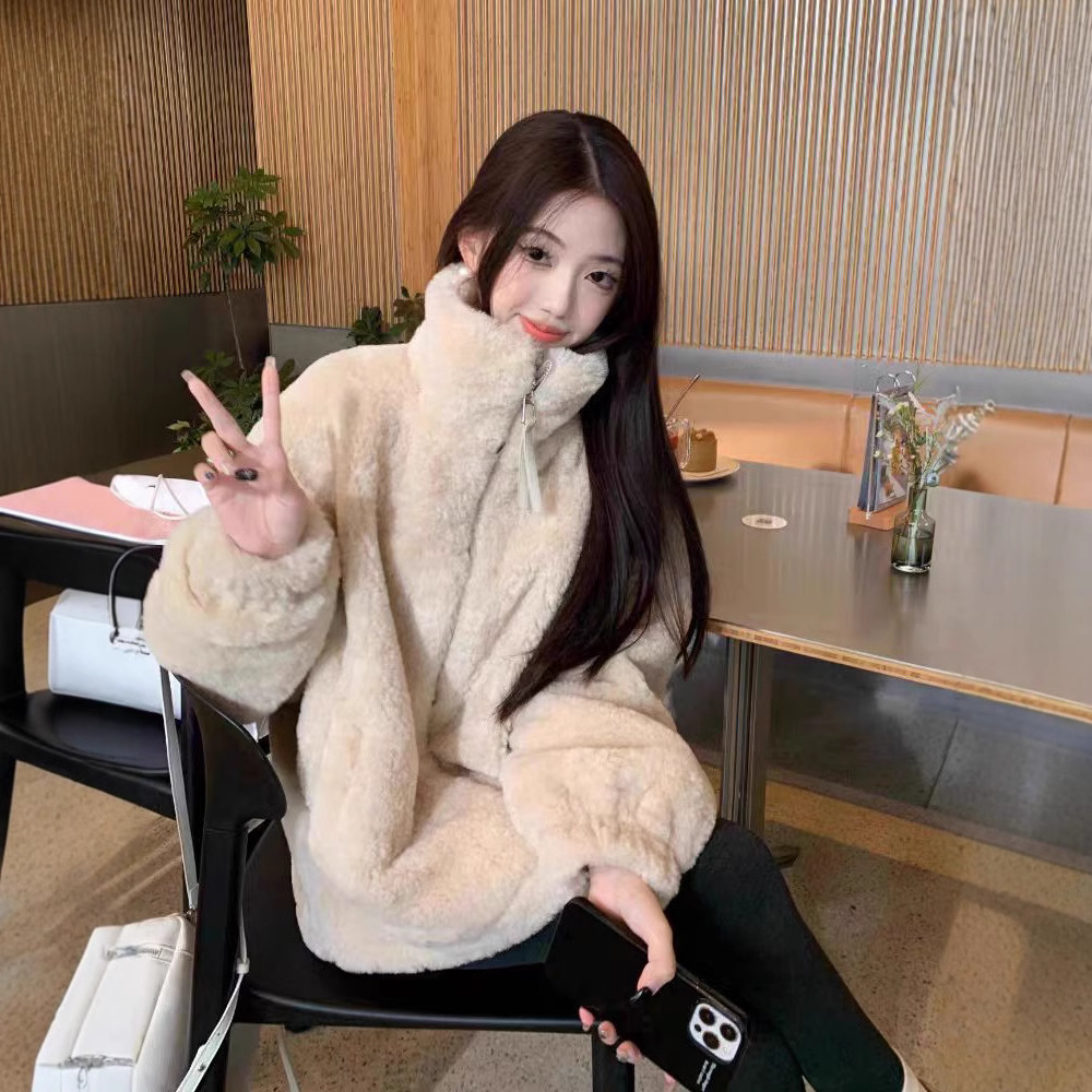 Casual faux lambskin jacket with stand-up collar