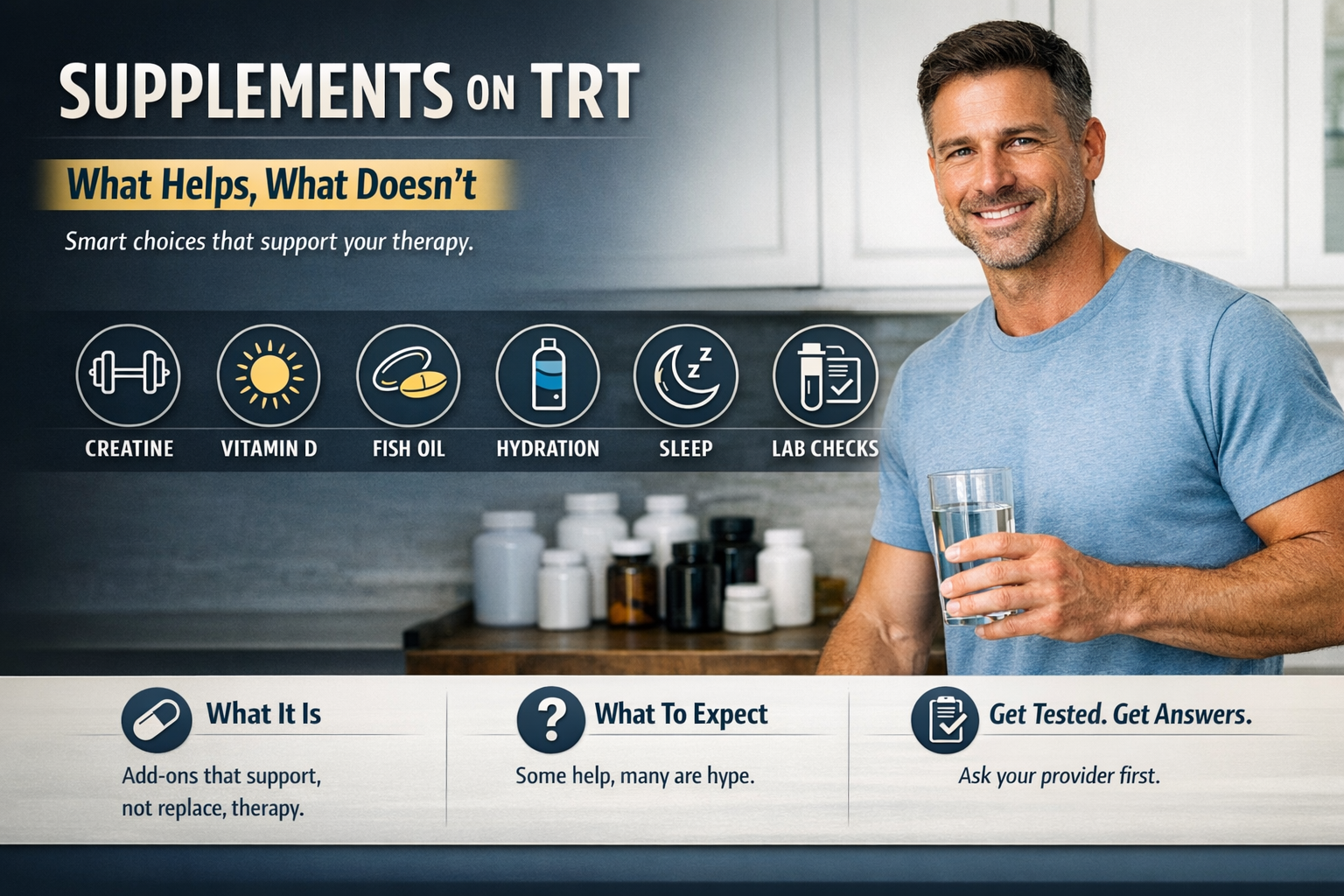 Best Supplements to Take on TRT? What Helps and What Doesn't — AZTRT Arizona TRT clinic blog cover showing a fit man with a glass of water and supplement bottles beside icons for creatine, vitamin D, fish oil, hydration, sleep and lab checks