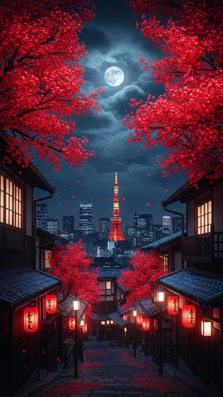 Dramatic Japanese Street Scene with Red Lanterns and Cherry Blossoms at Night - Free 4K mobile Wallpaper