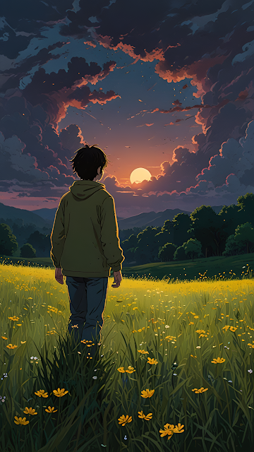 Contemplative Anime Character Sunset Meadow Illustration - Free mobile Wallpaper