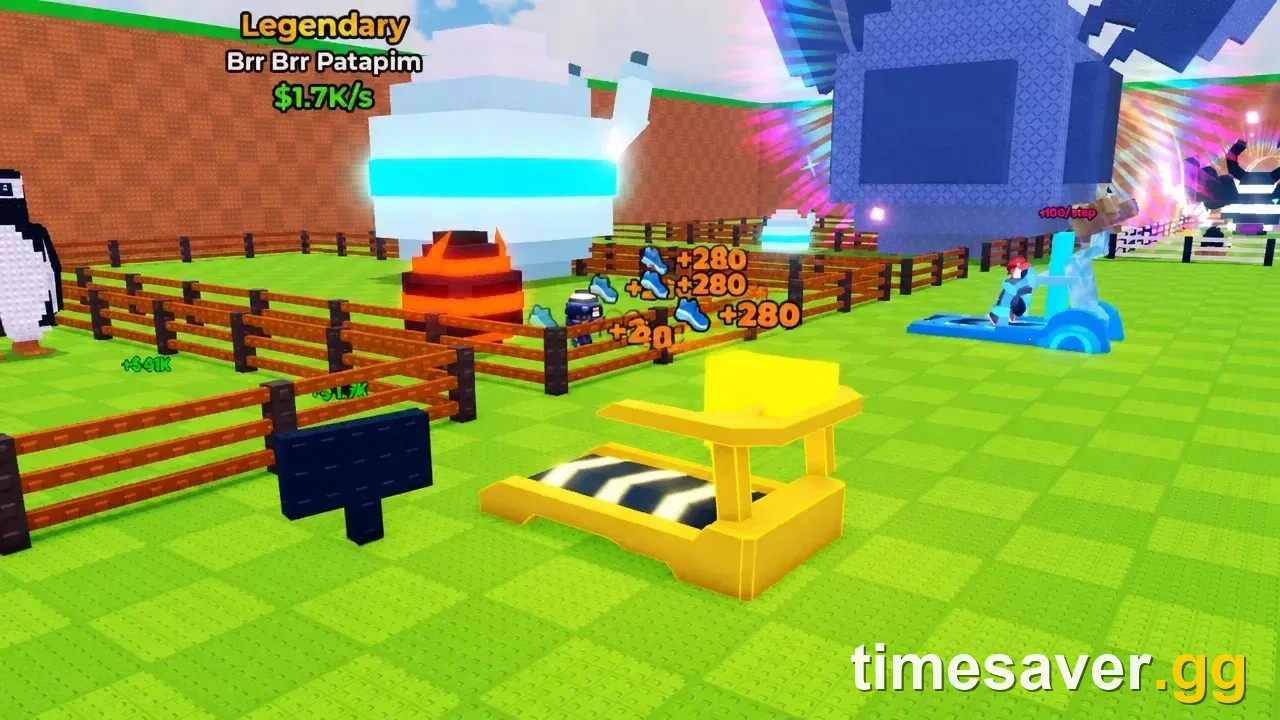 Steal An Egg gameplay showing the treadmill, pets and money-per-second income UI