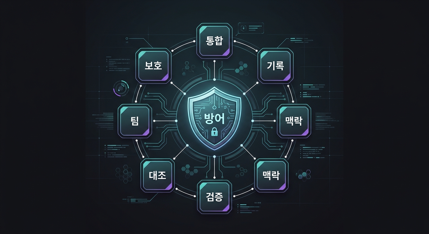 7가지 구조를 종합한 전체 방어 시스템 오버뷰 — 정보 통합, 실수 기록, 맥락 유지, 자동 검증, 작업 확인, 에이전트 관리, 기능 보호가 서로 연결된 구조