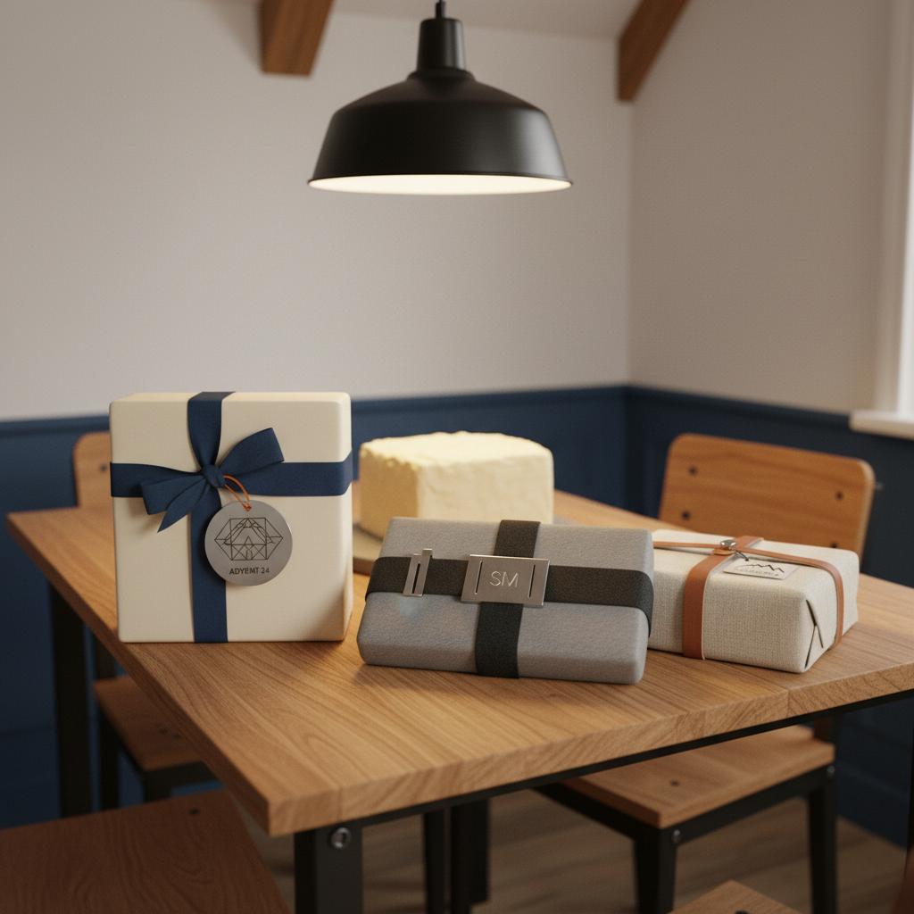 Intime Esstischszene mit Vanillekuchen und drei sorgfältig verpackten Geschenken, Fokus auf Gravuren und Metall-Accessoires – 25 jahre firmenzugehörigkeit