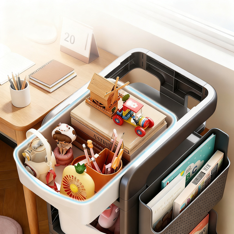 Multi-tiered book shelf with wheels and school bag compartment