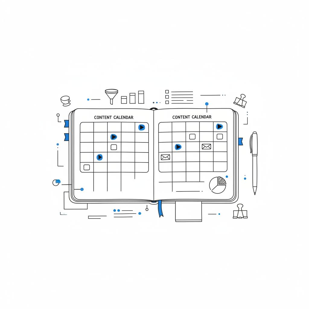 Top-down vector sketchbook content calendar with minimal icons for video, post, and newsletter in Agency Visible palette, clean layout for best free advertising