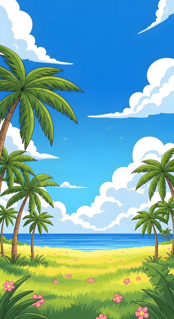 Bright Cartoon Tropical Beach Scene with Palm Trees