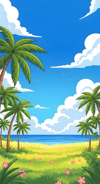 Bright Cartoon Tropical Beach Scene with Palm Trees - Free mobile Wallpaper
