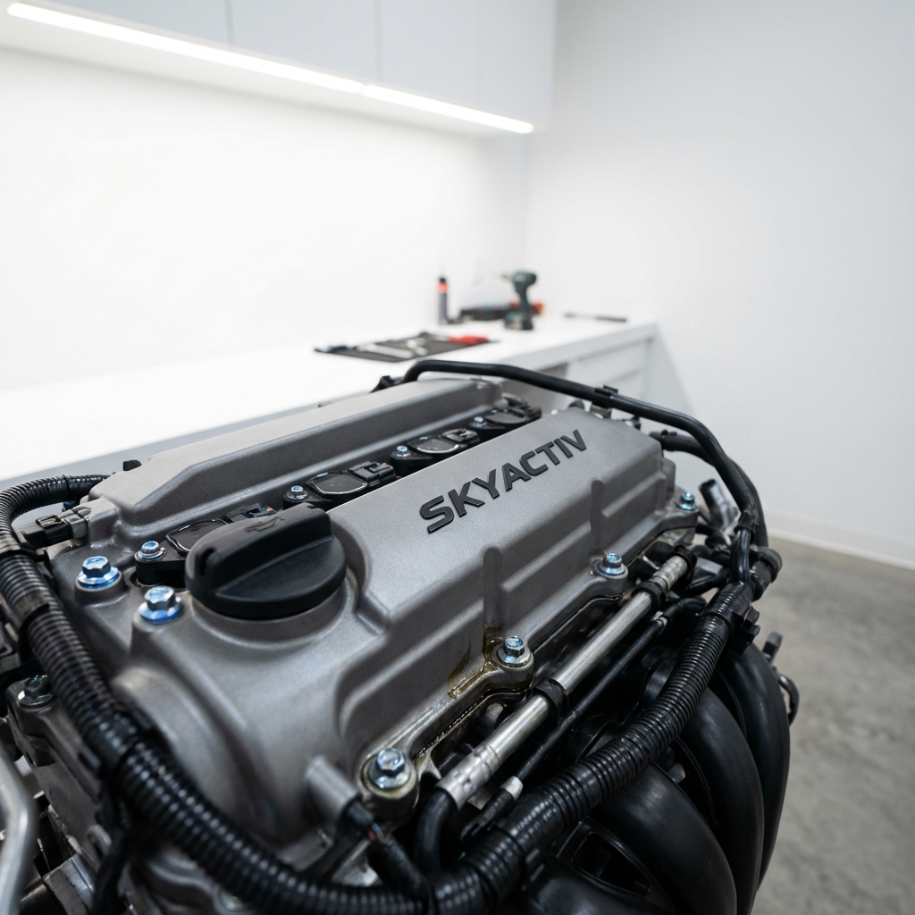 Close up of Mazda SKYACTIV valve cover and oil fill area in a clean workshop showing details and asking when do Mazdas start having problems with early wear signs and subtle blue accents