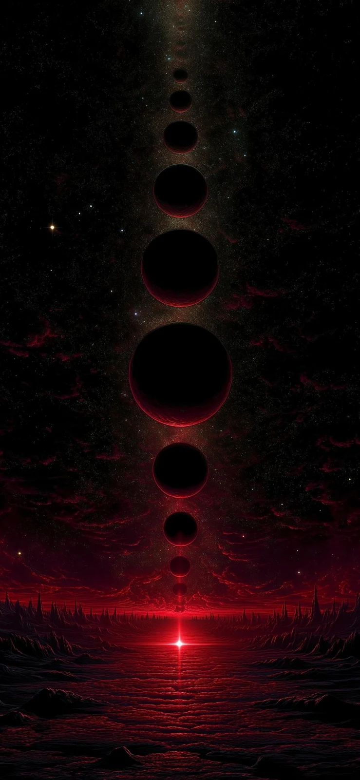 Vertical Planets Above Red Horizon - Digital Illustration Full HD iPhone Wallpaper (1090x2360)