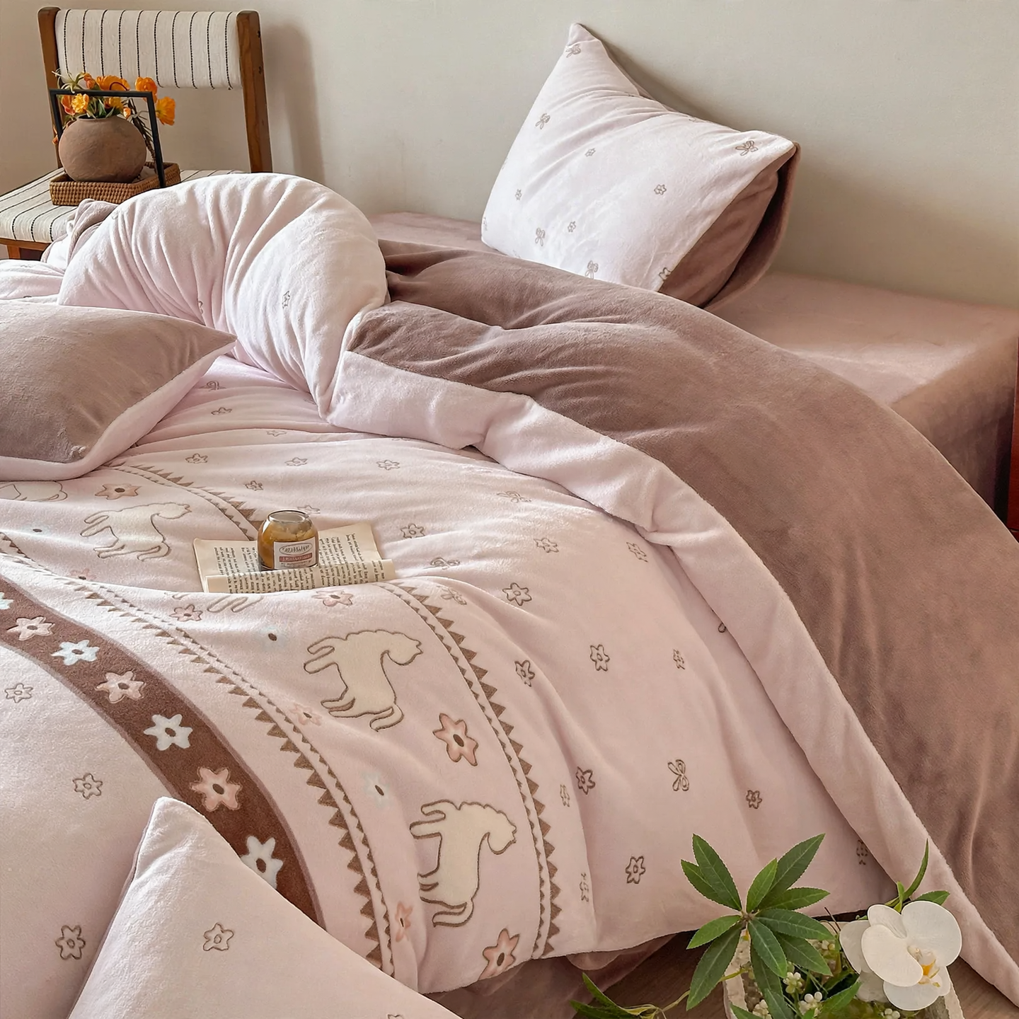 Milk fiber bedding set, 4-piece, floral pattern