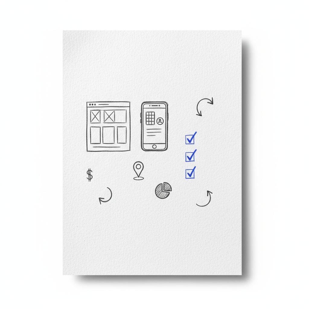 How much do TikTok accountants make? Close-up of a minimalist white notebook page with sketches of a homepage wireframe, map pin, checklist, and finance icons in Agency Visible colors.