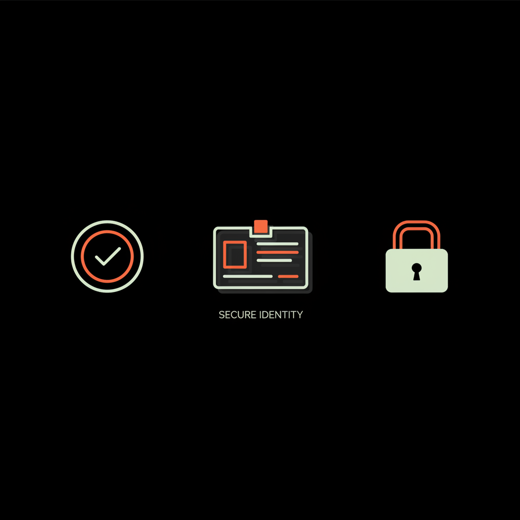 Minimal vector infographic with verification badge, government ID icon, and lock icon on black background illustrating Can I pay to be verified on Instagram?