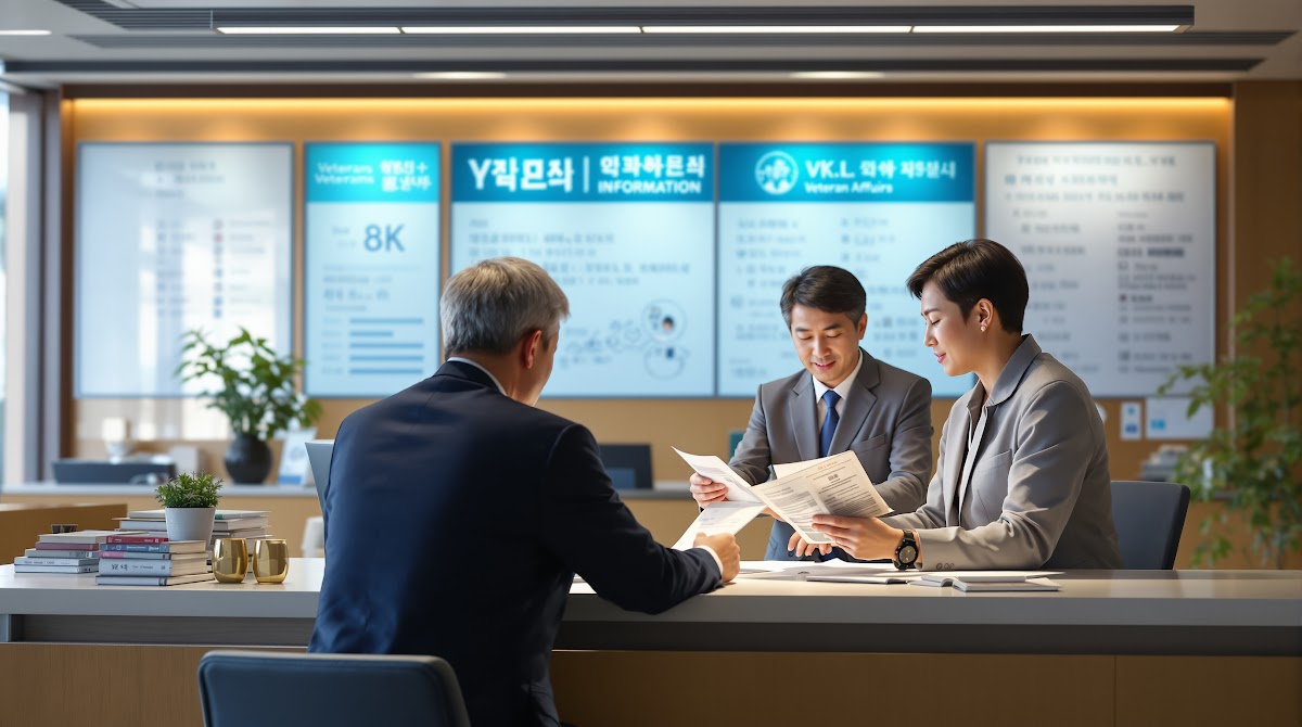 국가유공자 혜택  국가유공자 혜택의 유형별 혜택(보상금, 의료, 교육, 취업, 주거)을 상담받는 모습, 보훈청 안내 데스크, 각종 증명서와 안내문, 전문 상담사와 유공자 가족들이 함께 정보를 확인하는 장면