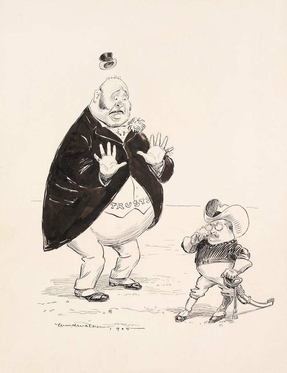 Theodore Roosevelt dressed as a cowboy and carrying a sword threatens a much lar