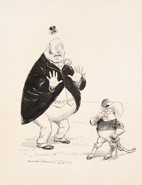 Theodore Roosevelt dressed as a cowboy and carrying a sword threatens a much lar