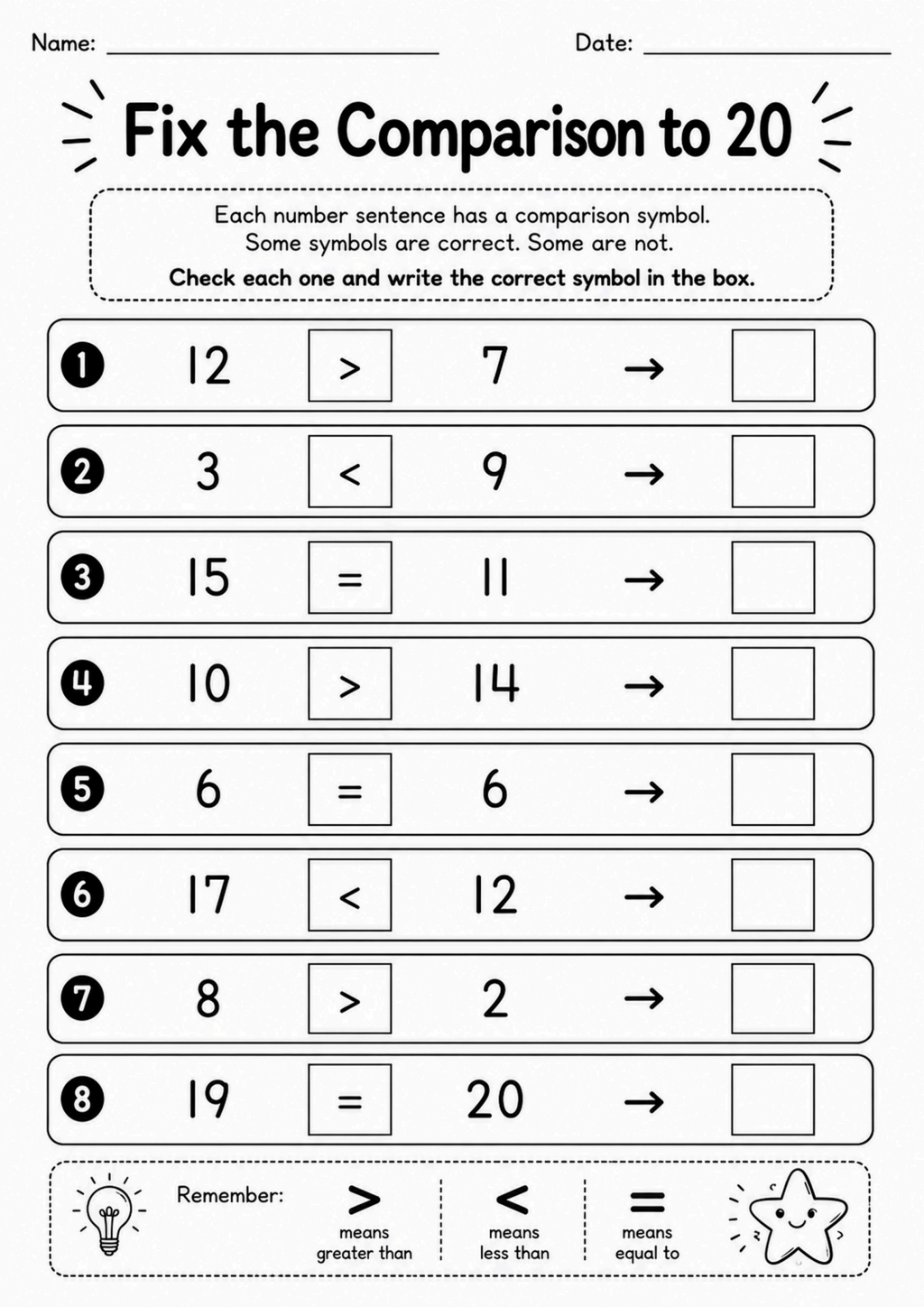 Fix the Comparison to 20 Worksheet
