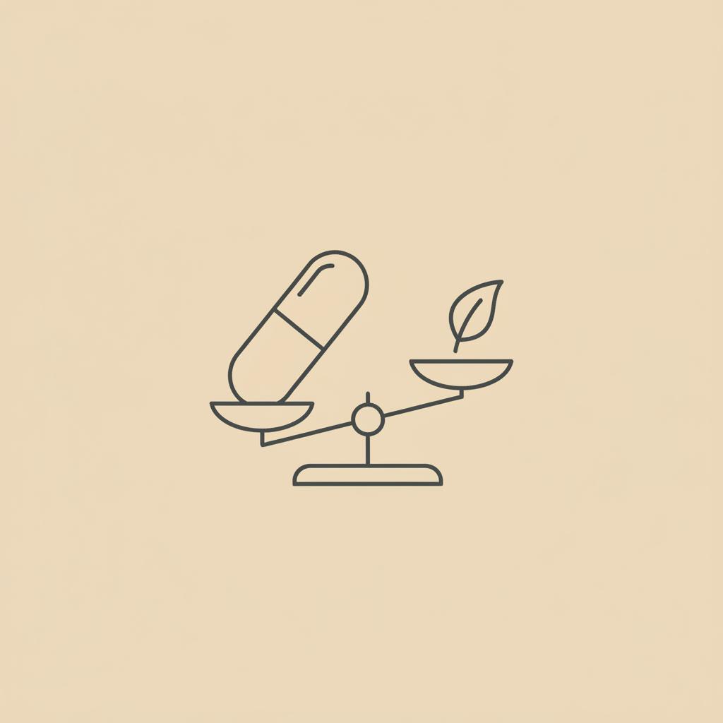 Minimalist Tonum-style line illustration of a capsule, a small leaf, and a scale on a beige background representing weight loss supplements