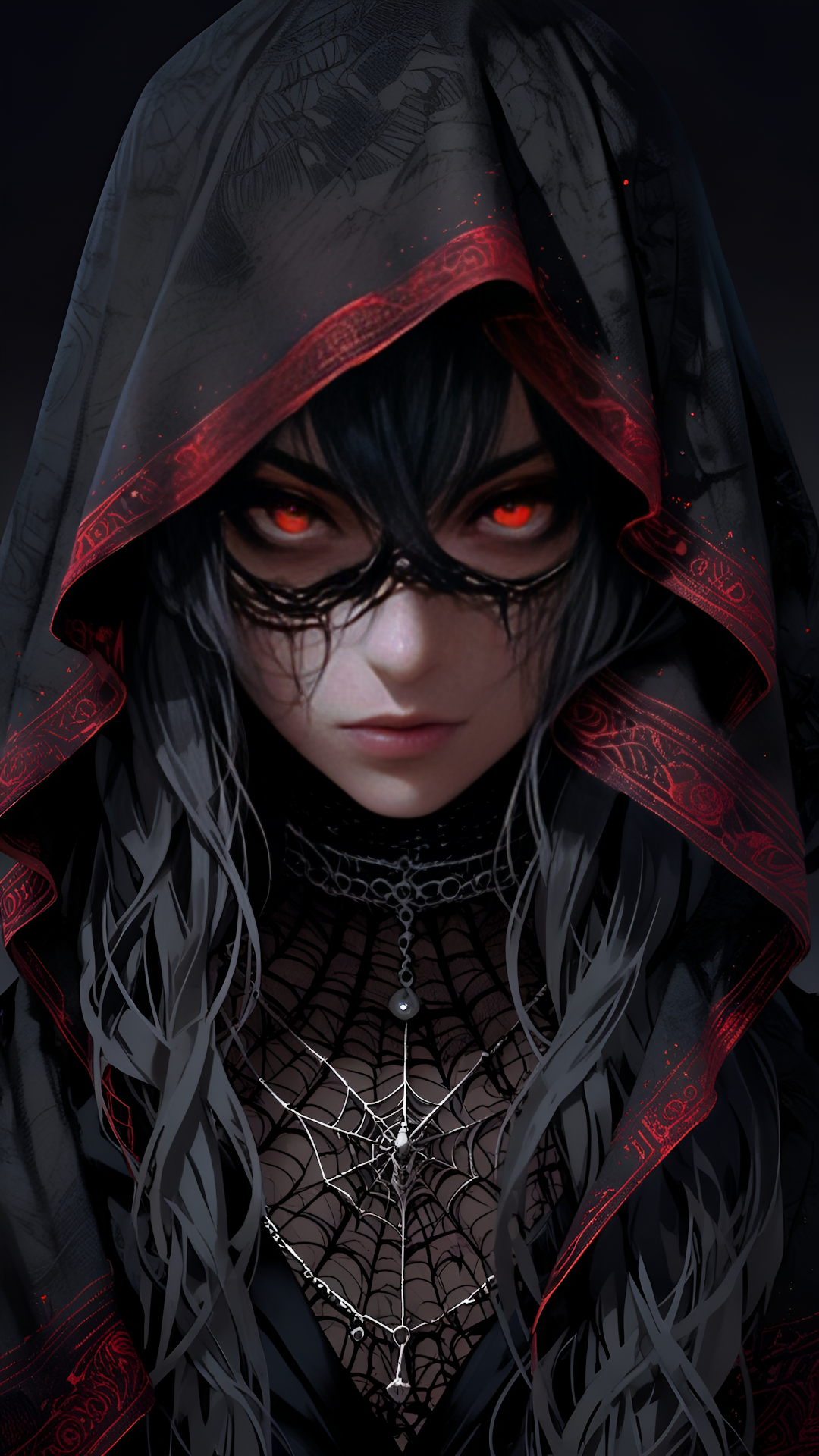 Mysterious Hooded Figure with Glowing Red Eyes and Web Necklace - Free 4K mobile Wallpaper