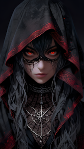 Mysterious Hooded Figure with Glowing Red Eyes and Web Necklace
