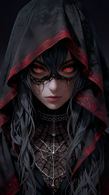 Mysterious Hooded Figure with Glowing Red Eyes and Web Necklace - Free mobile Wallpaper