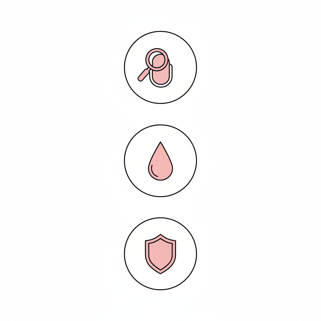 Minimalistische 2D-Vektorinfografik zu Nagelveränderungen mit drei Icons: Lupe über Nagel, Tropfen (Feuchtigkeit) und Schild (Schutz) in #f57fb6 auf weißem Hintergrund.