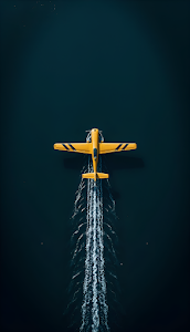 Top Down View Yellow Propeller Plane Skimming Dark Water