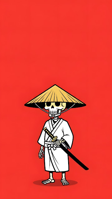 Cartoon Samurai Skeleton with Katana on Red Background - Free mobile Wallpaper