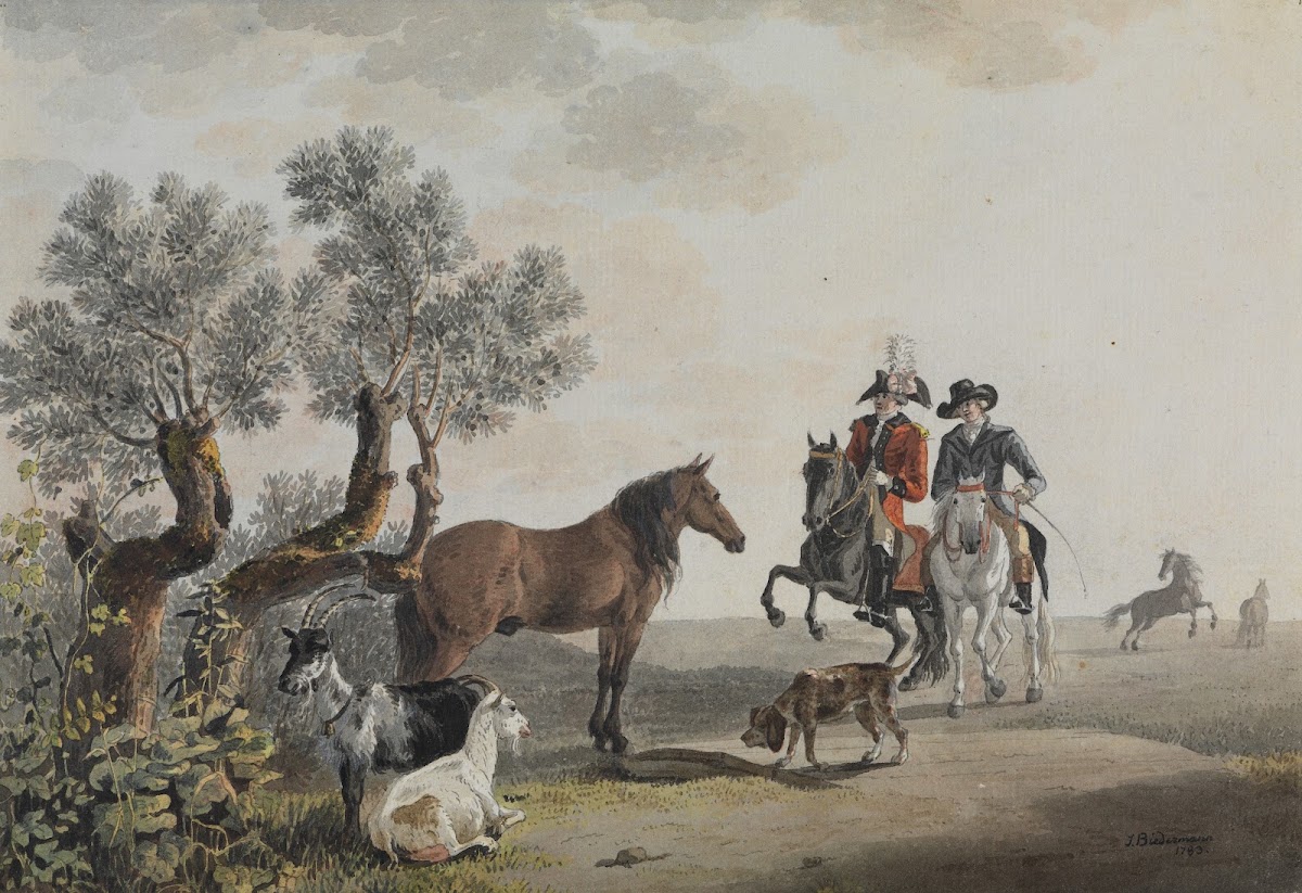 Zwei Reiter die ihren Weg über eine Tierweide nehmen 1783