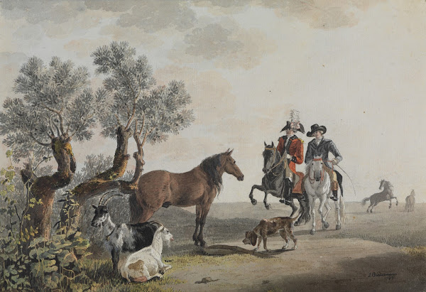 Zwei Reiter die ihren Weg über eine Tierweide nehmen 1783