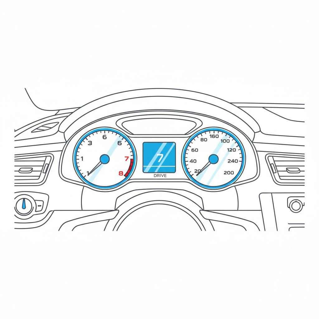 Minimalist vector close up of Audi S5 dashboard cluster during acceleration showing tachometer needle at high rpm and shift indicator on white background audi s5 for sale