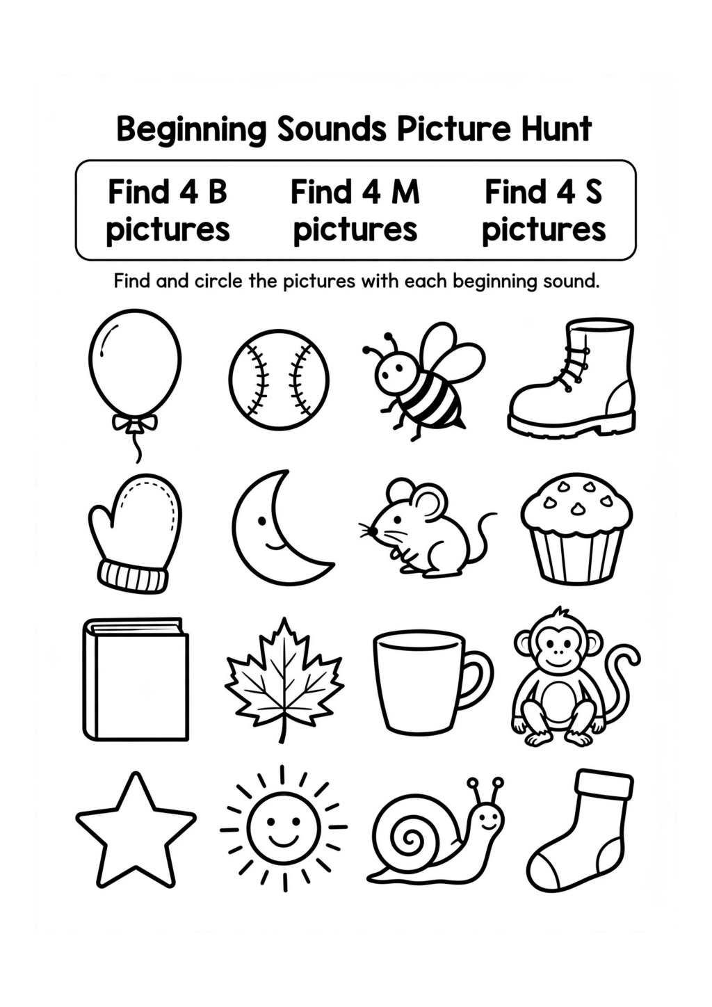 Beginning Sounds Picture Hunt Worksheet